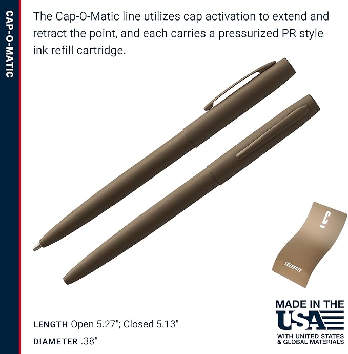 Fisher Space Pen Cap-O-Matic Pen, Ballpoint, Flat Dark Earth, Cerakote Finish, Pocket Clip, Black Ink