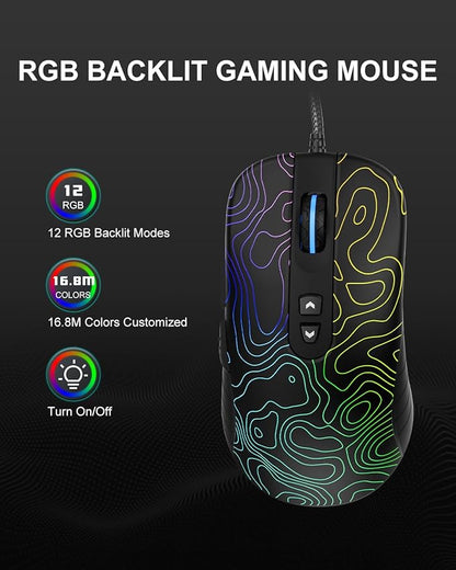 Womier G706 USB Wired Gaming Mouse for PC Computer Windows Mac Laptop, Lightweight Silent RGB Backlit Mouse with Adjustable 12000DPI/7 Programmable Side Buttons,Kanagawa Theme (Black Topographic)