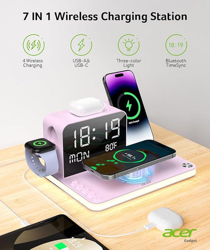 Acer 7-in-1 Wireless Charging Station with LED Clock - 30W Fast Wireless Charger for iPhone 16/15/14/13/12/Pro Max, Apple Watch, AirPods - Bluetooth Auto Time Sync & Night Lights (Purple)