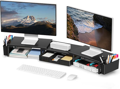 Desk Organizers and Accessories, Dual Monitor Stand Riser with Drawer and 2 Pen Holders, Desk Shelf Metal Computer Racks for Office Workspace Organizers, Desktop Organization (Black)
