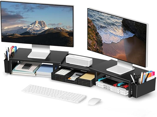 Desk Organizers and Accessories, Dual Monitor Stand Riser with Drawer and 2 Pen Holders, Desk Shelf Metal Computer Racks for Office Workspace Organizers, Desktop Organization (Black)