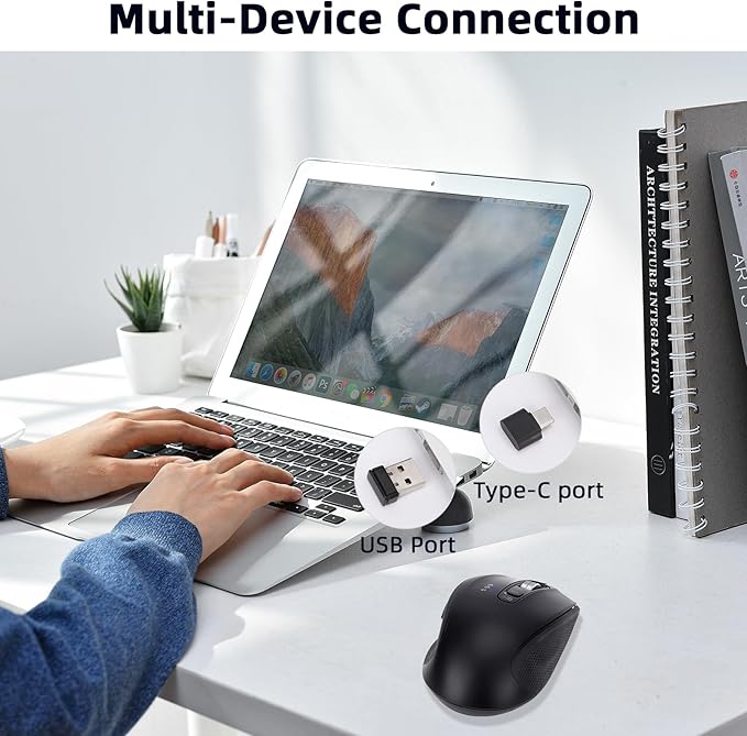Wireless Mouse with Bluetooth, USB-A, USB-C Receiver, Rechargeable, Full-Size Mouse, Silent, Ergonomic, for MacBook/Laptop/Computer/PC/iPad-Black