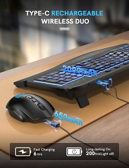 SABLUTE Ergonomic Wireless Keyboard and Mouse Combo - Wave Keyboard with Soft Leather Wrist Rest, Resistant Keys, RGB Backlit Rechargeable Set for PC/Mac/Chromebook (Black)