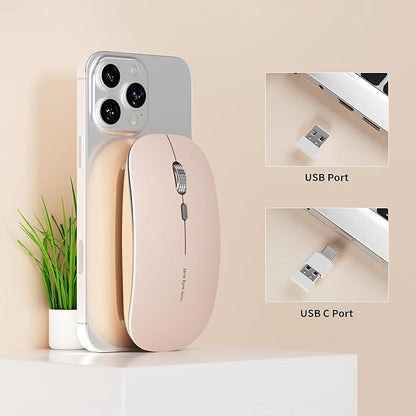 Uciefy Q5 Slim Rechargeable Wireless Mouse, 2.4G Portable Optical Silent Ultra Thin Wireless Computer Mouse with USB Receiver and Type C Adapter, Compatible with PC, Laptop, Desktop - Light Pink