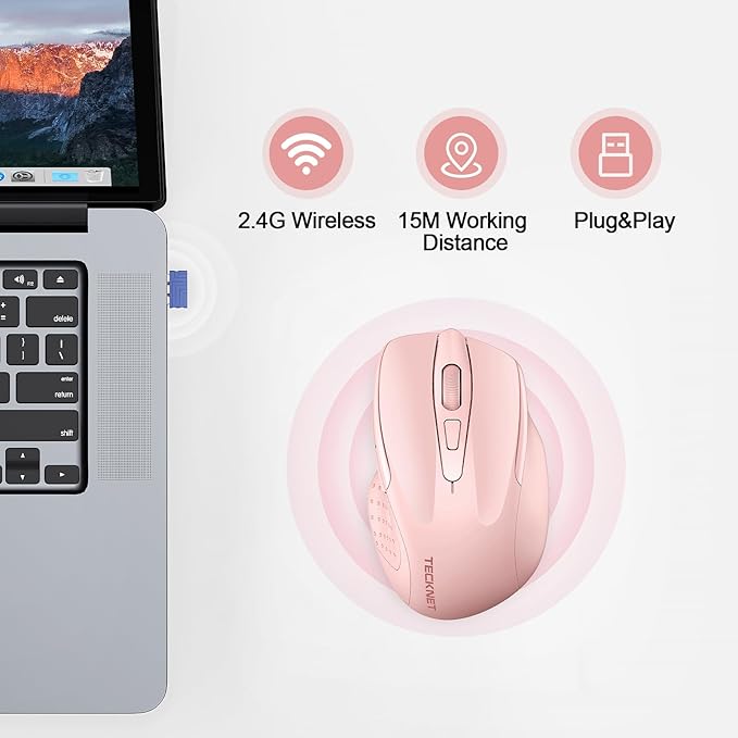 TECKNET Rechargeable Wireless Mouse, 2.4G Silent Quiet Click, 6 Adjustable 4800 DPI, Cordless Computer Mouse, Ergonomic Mouse for Laptop, 6 Buttons USB for Chromebook, Ergo Grip - Pink