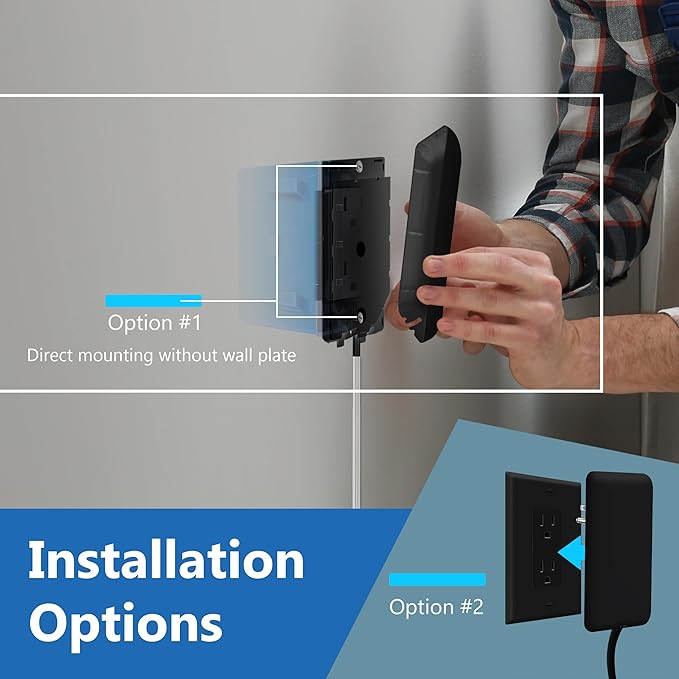 LIDER Flat-Face Outlet Extender with 3 Receptacles, Ultra-Thin Wall Plate Plug with Cord Extender and 3-Outlet Power Strip, 8ft Cord, LWE8-315-BK2P, ETL-Listed, Black, 2 Pack