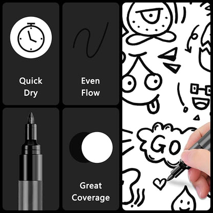 SFAIH Acrylic Black Paint Pens - 8 Pack 2-3MM Medium Tip & 0.7MM Extra Fine Black Permanent Markers for Rock Painting, Wood, Metal, Fabric, Plastic, Canvas, Glass, Ceramic, Diy Crafts