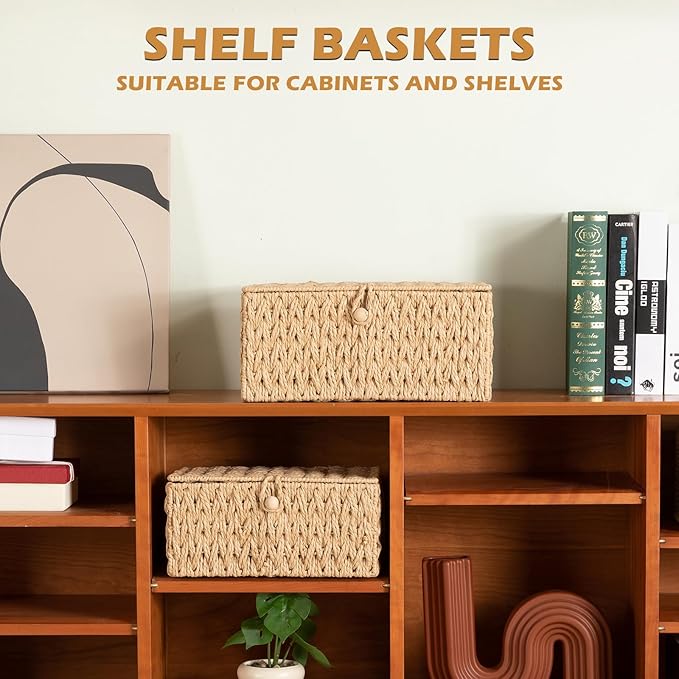 OIAHOMY Wicker Storage Basket with Lid & Lock, Lidded Storage Bins, Decorative Baskets for Organizing, Set of 2-Natural