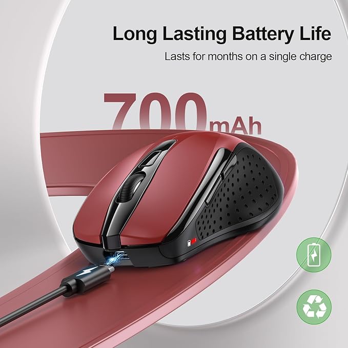 TECKNET Rechargeable Wireless Mouse, 2.4G Silent Mouse, Quiet Click, 6 Adjustable 4800 DPI, Cordless Computer Mouse, Ergonomic Mouse for Laptop, 6 Buttons USB Mouse for Chromebook, Ergo Grip - Red