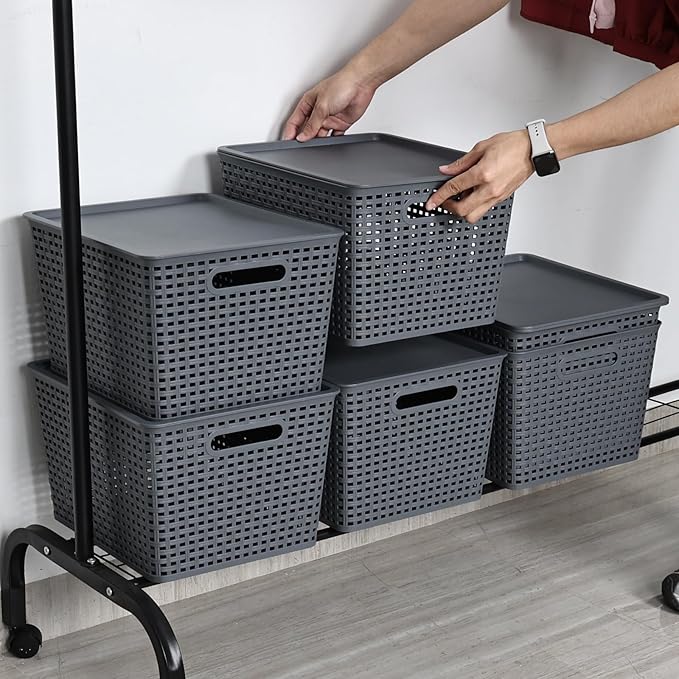 6-Pack Large Plastic Storage Baskets Bins with Lid, Ideal for Barthroom, Kitchen, Pantry, Closets, Organizing, Gray