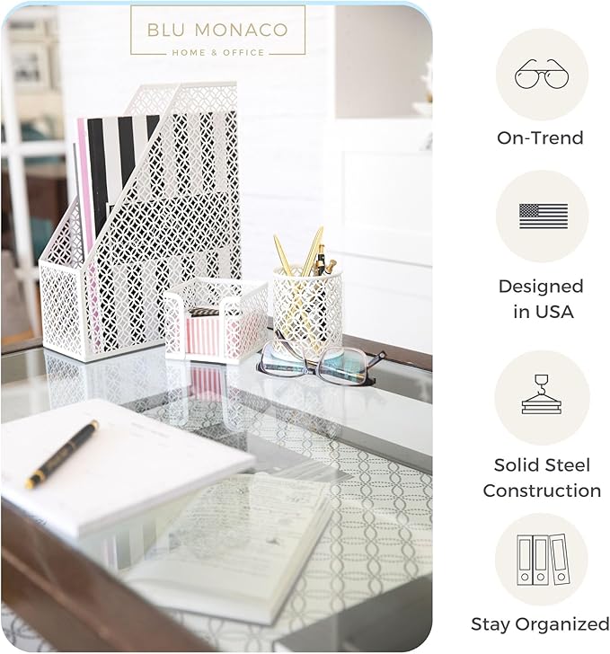BLU MONACO White Desk Organizer Set – 6-Piece Desk Accessories for Mail, Sticky Notes, Pens, Magazines & Documents