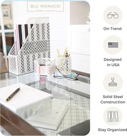 BLU MONACO White Desk Organizer Set – 6-Piece Desk Accessories for Mail, Sticky Notes, Pens, Magazines & Documents