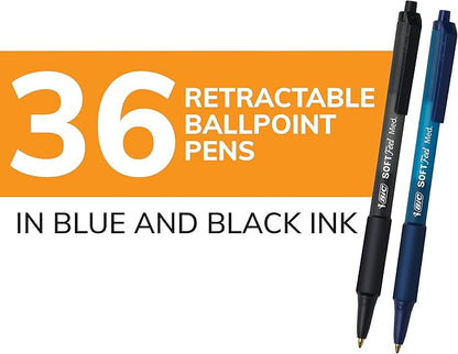 BIC Soft Feel Retractable Ballpoint Pen with 1.0 mm Medium Point and No-Slip Grip, 36-Count in Assorted Ink