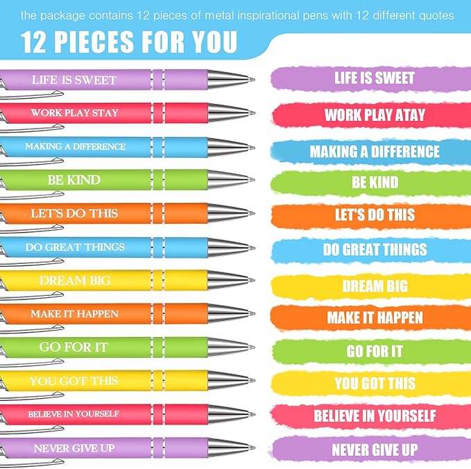 Zonon 12 Pcs Inspirational Pens Bulk Funny Ballpoint Pen with Stylus Tip Motivational Gifts for Christmas Teacher Coworkers Nurse School Office Supplies(Pastel Colors,Classic Style)