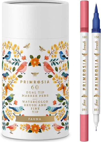 Primrosia Fauna - 60 Dual Tip Watercolor Brush and Fine Tip Pens. Marker Pens for Art Sketching Illustration Calligraphy Permanent Highlighter Bullet Journal Drawing Adult Coloring