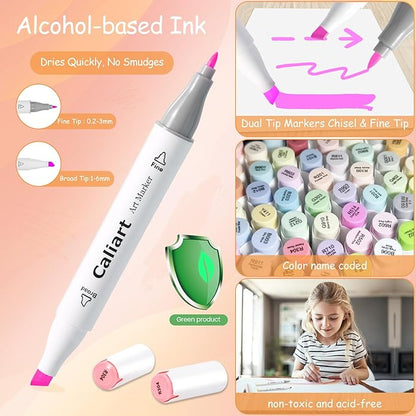 Caliart Pastel Markers, 100 Colors Dual Tip Art Markers Sketch Pens Permanent Alcohol Based, with Case for Adults Artists Drawing Illustration Sketching Coloring