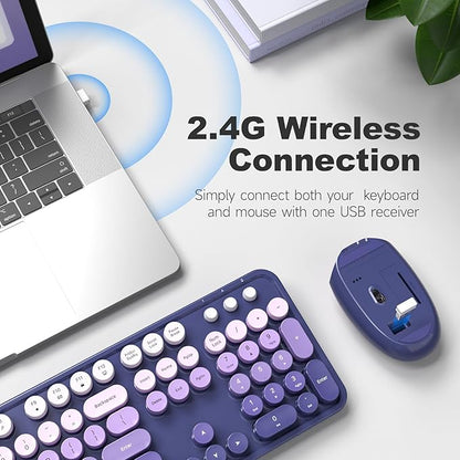 MOFII Wireless Keyboard and Mouse Combo, Full Size 2.4G Plug and Play Typewriter Retro Round Computer Keyboard and Mouse Set for Windows, Computer, Desktop, PC, Notebook - (Purple Gradient)