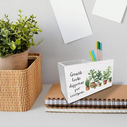 Mental Health Pen Holder for Desk, Growth Looks Different for Everyone Wooden Box Sign Desk Decor for Home Office Classroom Decoration, Botanical Inspirational Pencil Organizer