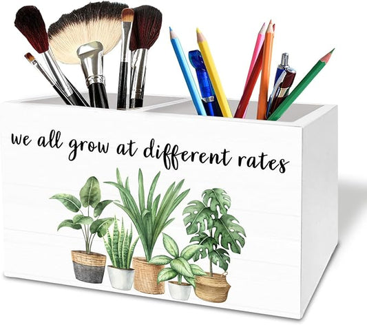 Inspirational Pen Holder for Desk, We All Grow at Different Rates Mental Health Wooden Box Sign Desk Decor for Therapy Office Decoration, Motivational Pencil Organizer, Psychology Gifts