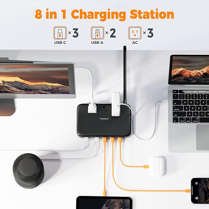 PD 130W Charging Station for Multiple Devices, TESSAN 8-in-1 USB C Charger Block Compatible with iPhone 16/15, MacBook, Tablet, Charging Dock with 3 USB-C, 2 USB-A & 3 AC, Home Office Accessories