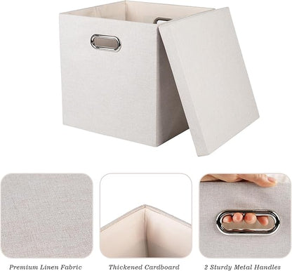 Storage Bins with Lids, Collapsible Linen Fabric Boxes Organizer Containers with Lid Foldable Storage Box Basket for Closet, Shelves, Home, Office, 12 x 12 x 12.4 Inch, 4 Pack, Beige