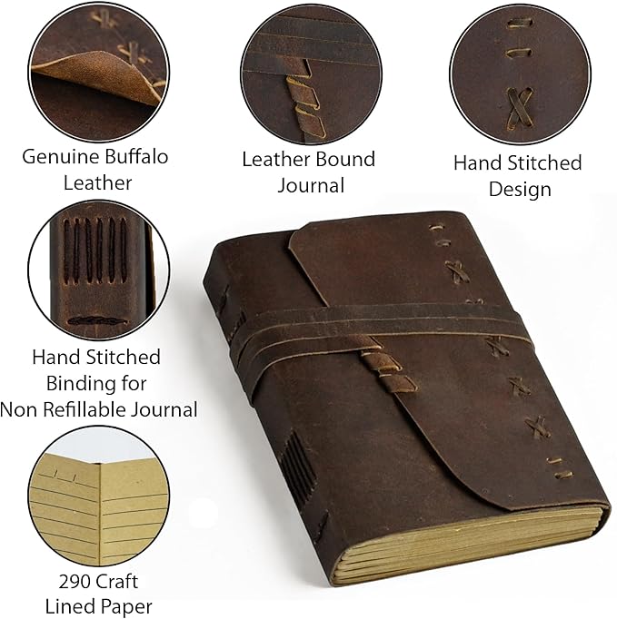 Small Leather Bound Journal with 290 Lined Pages – Handmade Vintage Writing Notebook, Travel Diary & Sketchbook for Women and Men