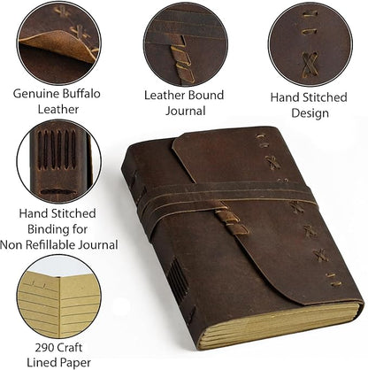 Small Leather Bound Journal with 290 Lined Pages – Handmade Vintage Writing Notebook, Travel Diary & Sketchbook for Women and Men