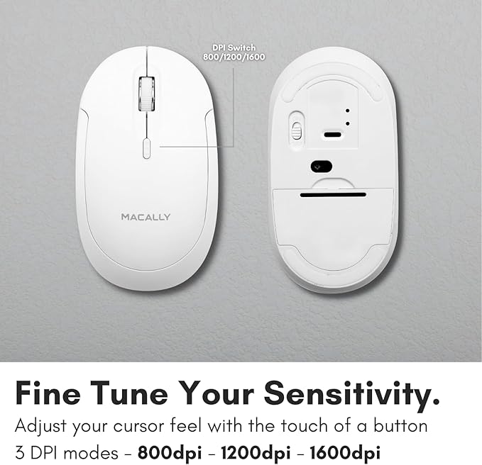 Macally Wireless Bluetooth Mouse for Mac, MacBook Pro/Air, iPad, and PC - Quiet Click and Comfortable Compatible Apple Wireless Mouse - White