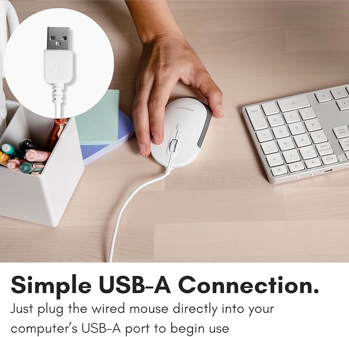 Macally Silent Wired Mouse - Slim & Compact USB Mouse for Apple Mac or Windows PC Laptop/Desktop - Designed with Optical Sensor & DPI Switch - Simple & Comfortable Wired Computer Mouse (White)