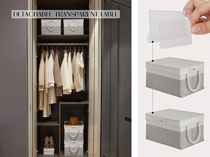 LoforHoney Home Fabric Storage Bins with Lids for Organizing, Foldable Closet Storage Boxes for Shelves, Clothes Baskets with Cotton Rope Handles, XLarge, Beige & Gray, 4-Pack