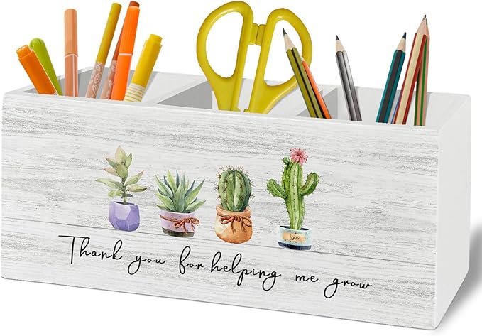 Teacher Pen Pencil Holder Organizer for Desk Accessories, Teacher Appreciation Gifts, Thank You for Helping Me Grow Wooden Box Sign Desk Decor for Office Decoration, Best Teachers Gifts