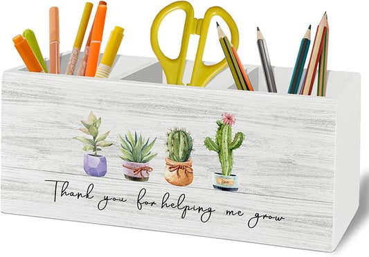 Teacher Pen Pencil Holder Organizer for Desk Accessories, Teacher Appreciation Gifts, Thank You for Helping Me Grow Wooden Box Sign Desk Decor for Office Decoration, Best Teachers Gifts