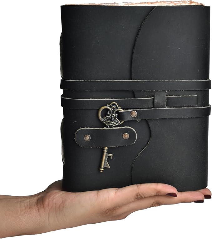 LEATHER VILLAGE Vintage Leather Journal – 200 Handmade Vintage Deckle Edge Paper – Leather bound Journal For Women Men – Vintage Key Closure - Book of Shadows - Black - 10X7 inches