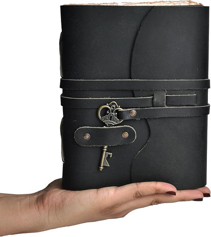 LEATHER VILLAGE Vintage Leather Journal – 200 Handmade Vintage Deckle Edge Paper – Leather bound Journal For Women Men – Vintage Key Closure - Book of Shadows - Black - 8X6 inches (A5)