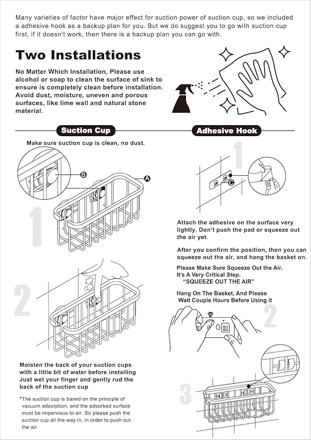 SunnyPoint NeverRust Deluxe Kitchen & Bathroom Sink Sponge Holder Organizer with Adhesive Mount - Additional Suction Cup Included – Sponge & Brush NOT Included – 7.4 x 3.3 x 2.75 Inch, BLK