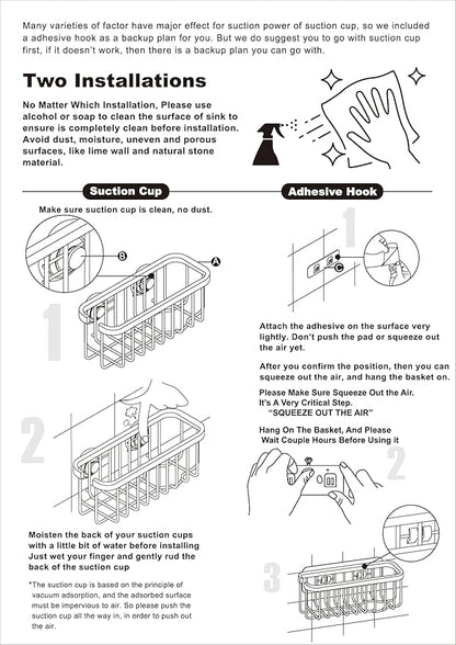 SunnyPoint NeverRust Deluxe Kitchen & Bathroom Sink Sponge Holder Organizer with Adhesive Mount - Additional Suction Cup Included – Sponge & Brush NOT Included – 7.4 x 3.3 x 2.75 Inch