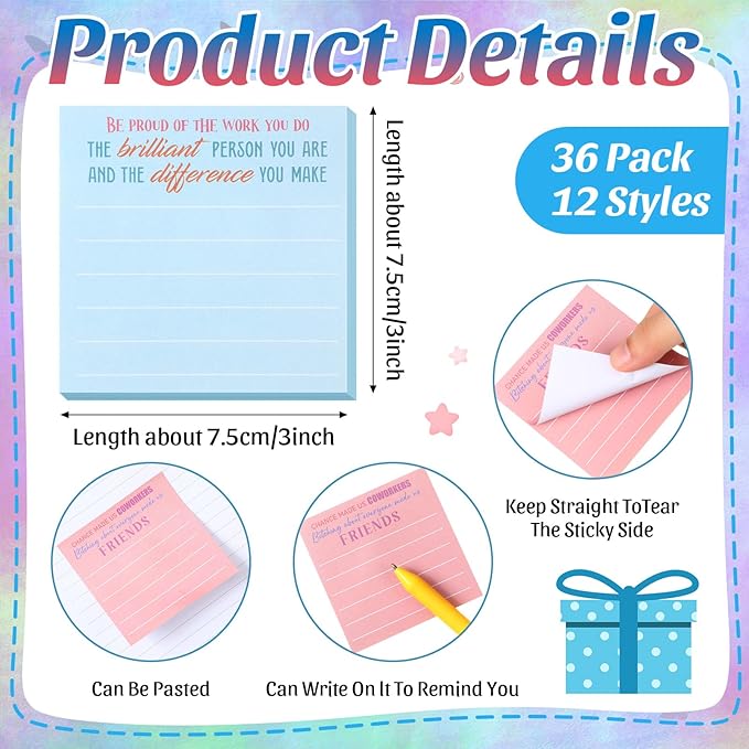 Yinder 24 Pcs Employee Appreciation Sticky Notes Xmas Gift Bulk Motivation Note Pads Mini Inspirational Note Gift for Teacher Nurse Staff Coworker Office Supply 3 x 3'' (Appreciation,Bright)