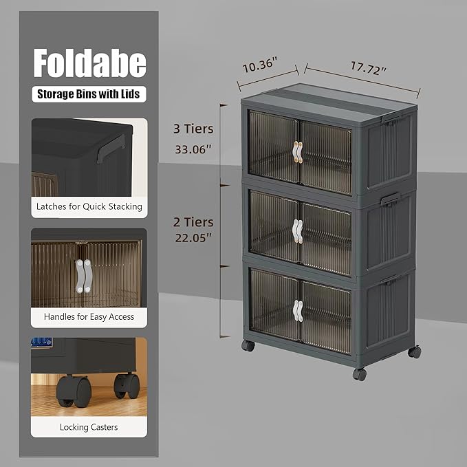 Stackable Storage Bins with Lids Open Front, 155Qt Large Plastic Foldable Containers for Clothes, 3 Pack Multifunctional Collapsible Storage Boxes for Home, Pantry, Office (S, Gray 3-Tier)