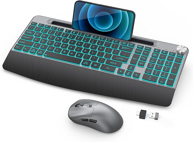 Backlit Keyboard and Mouse Combo, 7 Colors Wireless Keyboard Ergonomic with Wrist Rest and Volume Knob,Phone Holder,Rechargeable with Light Up Keyboard for Laptop, PC, Mac, Windows -Black