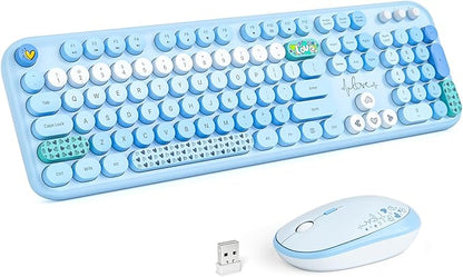 MOFII Wireless Keyboard and Mouse Combo, Full Size 2.4G Plug and Play Typewriter Retro Round Computer Keyboard and Mouse Set for Windows, Computer, Desktop, PC, Notebook - (Blue Colorful)