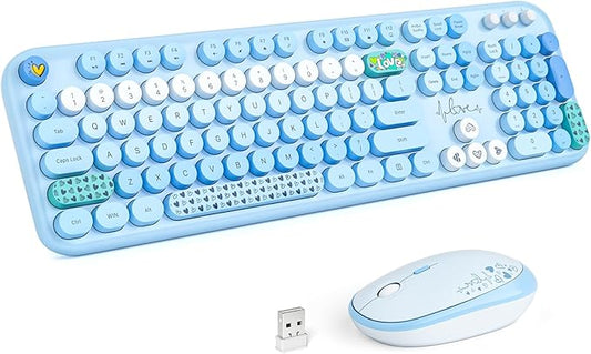 MOFII Wireless Keyboard and Mouse Combo, Full Size 2.4G Plug and Play Typewriter Retro Round Computer Keyboard and Mouse Set for Windows, Computer, Desktop, PC, Notebook - (Blue Colorful)