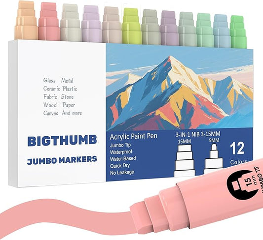 Jumbo Poster Markers Set: 12 Pastel Colors Large 15mm Wide Tip Permanent Ink Thick Acrylic Paint Pens for Rock Painting, Stone, Glass, Wood, Ceramic, Metal, Plastic, Fabric
