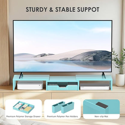 Desk Organizers and Accessories, Dual Monitor Stand Riser with Drawer and 2 Pen Holders, Desk Shelf Metal Computer Monitor Stand for Office Workspace Organizers, Desktop Organization (Blue)