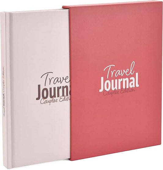 Travel Journal Couples Edition - Travel Memory Book, Trip Diary, Photo Album - 136pgs, 15 Trips. Includes Photo Corner Stickers. In Gift Sleeve. Travel Gift for Women and Men - A5 Red