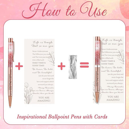 Supervitae 30 Set Christmas Motivational Pens for Women Bulk Rose Gold Inspirational Positive Quote Ballpoint Pens with Card Tie for Xmas Stocking Stuffer Secret Sister Gift Teacher Student Employee