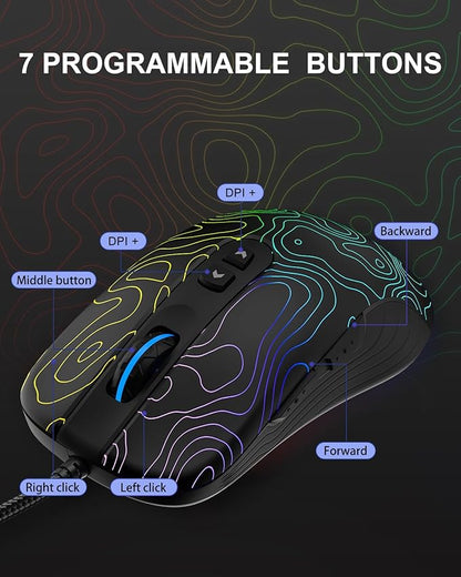 Womier G706 USB Wired Gaming Mouse for PC Computer Windows Mac Laptop, Lightweight Silent RGB Backlit Mouse with Adjustable 12000DPI/7 Programmable Side Buttons,Kanagawa Theme (Black Topographic)