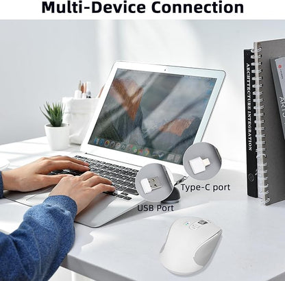 Wireless Mouse with Bluetooth, USB-A, USB-C Receiver, Rechargeable, Full Size Mouse, Silent, Portable, Ergonomic, for MacBook/Laptop/Computer/PC/iPad (White)