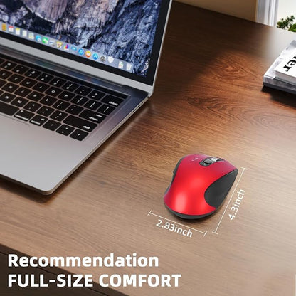 Wireless Bluetooth Mouse with USB A, USB C Receiver, Rechargeable, Multi Device Mouse, Silent, Ergonomic, Full Size, Portable, for iPad/MacBook/PC/Computer/Laptop-Red