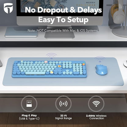 Wireless Keyboard and Mouse Combo, Retro Round Keycaps, Full-Size Cute Typewriter Keyboard with Large Phone/Tablet Holder, Auto-Sleep, 2.4GHz Cordless Connection for Windows/PC/Laptop (Sky Blue)
