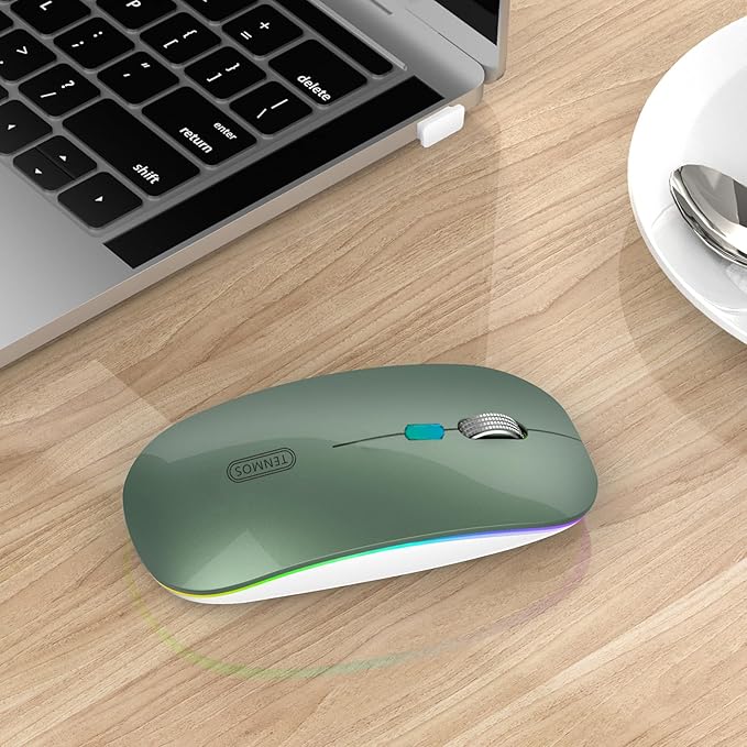 TENMOS Wireless Bluetooth Mouse, LED Slim (Bluetooth 5.1 + USB) 2.4GHz Rechargeable Silent Bluetooth Wireless Mouse for Laptop/MacBook/iPad OS 13 and Above (Blackish Green)